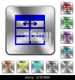 Tabellenkalkulation Anpassen der Spaltenbreite der Tabelle gravierte Symbole auf runden quadratischen Knöpfen aus glänzendem Stahl Stock Vektor