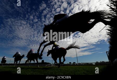 Läufer und Reiter in Aktion während der Thank You Southwell Annual Members Handicap Hurdle Division Two auf der Southwell Racecourse. Stockfoto