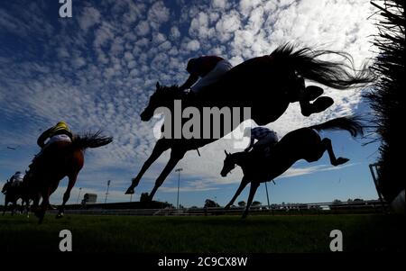 Läufer und Reiter in Aktion während der Thank You Southwell Annual Members Handicap Hurdle Division Two auf der Southwell Racecourse. Stockfoto