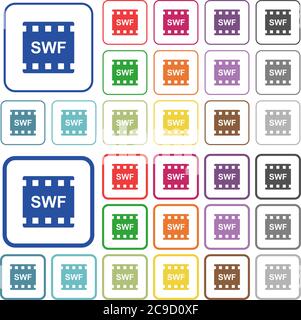 Flache Symbole im SWF-Filmformat in abgerundeten quadratischen Rahmen. Dünne und dicke Versionen im Lieferumfang enthalten. Stock Vektor