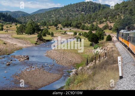 El Chepe Zugblick zwischen La Junta und Creel. Sierra Madre Stream and Grazing Land, Chihuahua State, Mexiko. Stockfoto