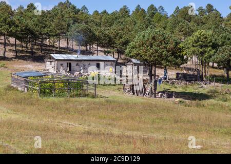 Blick Auf Den El Chepe Train. Kleines Bauernhaus in den Ausläufern der Sierra Madre, Chihuahua Staat, Mexiko. Stockfoto