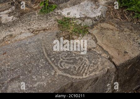 Geschnitzter Stein auf der Treppe der Südplattform in den präkolumbianischen Zapotec Ruinen des Monte Alban in Oaxaca, Mexiko. Ein UNESCO-Weltkulturerbe. Stockfoto