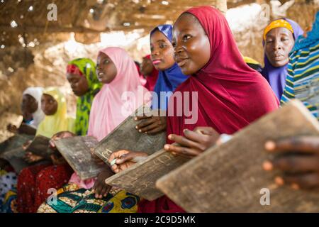 Halima Nayussa (17, rot) besucht einen funktionellen Alphabetisierungskurs in der Tahoua Region, Niger. Im Rahmen des Alliance-Projekts 12/12 lernen Frauen, die noch nie eine Ausbildung erhalten haben, grundlegende mathematische und lesende Fähigkeiten, die ihnen unter anderem helfen werden, die Landwirtschaft als Unternehmen besser zu betreiben. Alliance 12/12 Projekt - Niger, Westafrika. September 18, 2018. Foto von Jake Lyell für Lutheran World Relief. Stockfoto