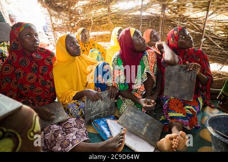 Frauen und Mädchen, die noch keine Ausbildung erhalten haben, nehmen an einer funktionellen Alphabetisierungsklasse in der Region Tahoua, Niger, Teil. Alliance 12/12 Projekt - Niger, Westafrika. September 18, 2018. Foto von Jake Lyell für Lutheran World Relief. Stockfoto