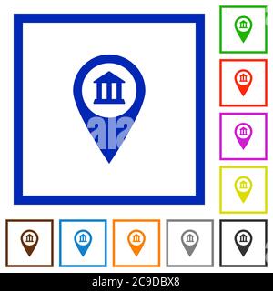Bankbüro GPS-Karte Position flache Farbe Symbole in quadratischen Rahmen auf weißem Hintergrund Stock Vektor