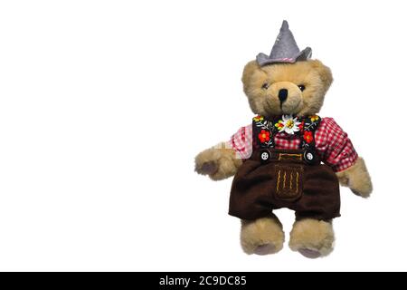 Typisches Souvenir aus Deutschland. Teddybär Plüschtier aus Bayern. Traditionelle Tracht mit Lederhosen, Oktoberfest in München Thema. Stockfoto