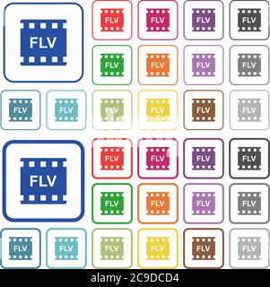 FLV-Film-Format farbige flache Symbole in abgerundeten quadratischen Rahmen. Dünne und dicke Versionen im Lieferumfang enthalten. Stock Vektor