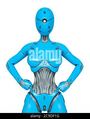 Gynoid ist der super fembot macht eine Power-Action Pose in weißem Hintergrund, 3d-Illustration Stockfoto
