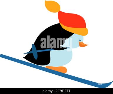 Penguing Skifahren, Illustration, Vektor auf weißem Hintergrund Stock Vektor