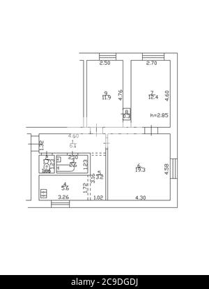 2d-Grundriss. Schwarz-Weiß-Grundriss. Grundriss. Illustration Grundriss. Stockfoto