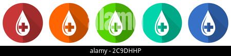 Blood Icon Set, rot, blau, grün und orange flache Design Web-Tasten isoliert auf weißem Hintergrund, Vektor-Illustration Stock Vektor