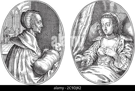 Zwei Darstellungen auf einer Albumseite. Links das fiktive Porträt einer Hebamme namens Perijntge mit einem umwundenen Kind in den Armen, Vintage-Gravur. Stock Vektor