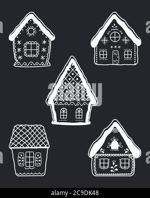 Wunderschöne Weihnachtshäuser. Satz von Winterhäusern. Weiße Silhouetten von fabelhaften Gebäuden auf einem dunkelblauen Hintergrund. Vektorgrafik Stock Vektor