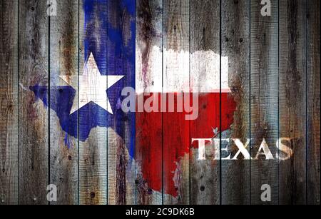 Texas Flagge und Karte auf alten Holzplanken Hintergrund Stockfoto