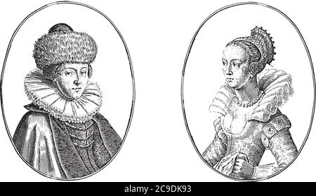 Zwei Darstellungen auf einer Albumseite. Links der Kurtisane namens Danish Wywodin und rechts Karne A.D. (oder Lady Katherina), Vintage-Gravur. Stock Vektor