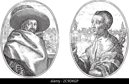 Zwei Darstellungen auf einer Albumseite. Links ein Betrüger namens Isaac la Roche mit Umhang und breitem Hut, Vintage-Gravur. Stock Vektor