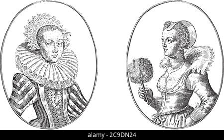 Zwei Darstellungen auf einer Albumseite. Links der Kurtisane Schone Jenne van Arras und rechts Marotte van Nancy, Vintage-Gravur. Stock Vektor