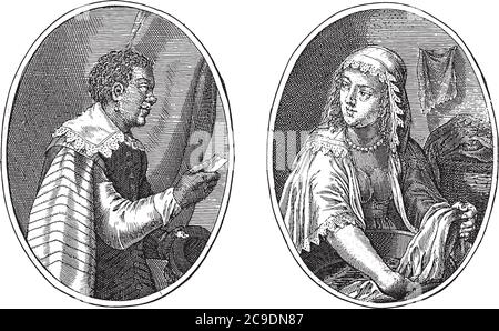 Zwei Darstellungen auf einer Albumseite. Links das fiktive Porträt eines Lakaien namens Robert de Moor. Er hat einen Brief in der Hand. Rechts eine Waschfrau Stock Vektor