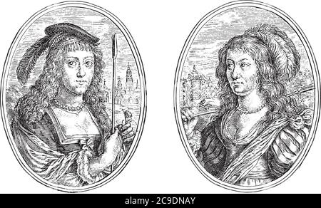 Zwei Darstellungen auf einer Albumseite. Porträts von zwei unbekannten Frauen mit Hirtenstab, wie Sedia N.O. und Macarea Nam. Ein Stadtbild im Hintergrund Stock Vektor