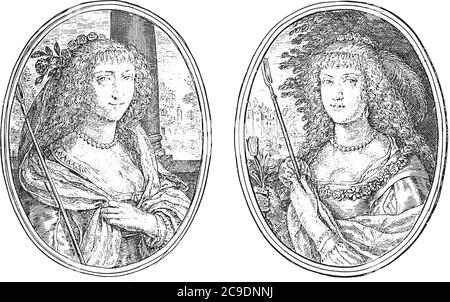 Zwei Darstellungen auf einer Albumseite. Porträts von zwei unbekannten Frauen mit Hirtenstab wie Senyburga D.N.T. und Orienda N.T. Im Hintergrund, Respec Stock Vektor