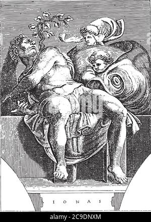 Prophet Jonah, Adamo Scultori, nach Michelangelo, 1585 der Prophet Jonah sitzt mit dem Fisch und zwei kleinen Figuren auf der rechten Seite, Vintage-Gravur. Stock Vektor