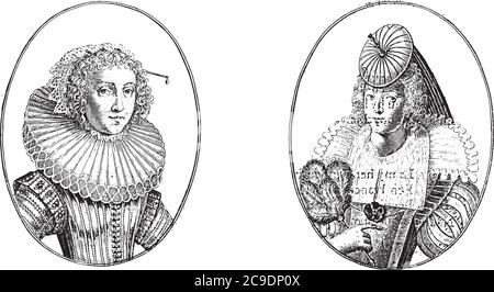 Zwei Darstellungen auf einer Albumseite. Links der Kurtisane Schone Maritje aus Delft und rechts Madame Agnes de Vit aus Den Haag, vintag Stock Vektor
