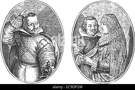 Don Diego aus Kastilien und seine Frau Crispijn van de Passe (II), 1641 zwei Darstellungen auf einer Albumseite, darunter zwei Vierzeiler auf Niederländisch, vintage engr Stock Vektor