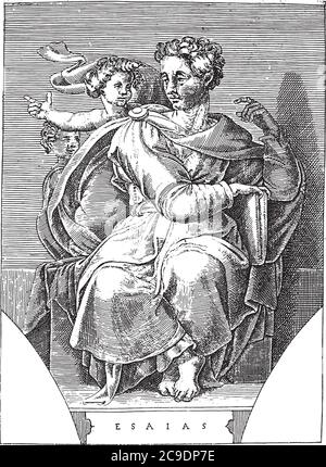 Prophet Jesaja, Adamo Scultori, nach Michelangelo, 1585 der Prophet Jesaja sitzt mit einem Buch. Zwei kleine Figuren hinter dem Propheten, vintage engravi Stock Vektor