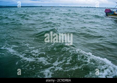 Schnellboot auf dem Weg vom Strand von Bali sanur nach Nusa Penida in Bali Indonesien, Schnellbootfahrt vom Strand von Sanur nach nusa penida, Indonesien, Nusa Penid Stockfoto