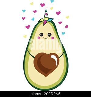 Frischer Druck mit Cartoon Avocado Einhorn. Lustige Cartoon Avocado gesundes Essen, kawaii. vektor-Symbol isoliert auf einem weißen Hintergrund Stock Vektor