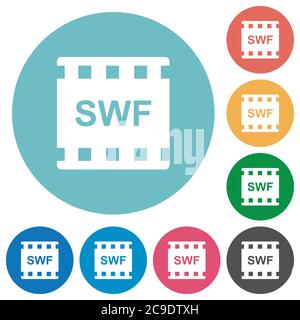 SWF-Filmformat flache weiße Symbole auf runden farbigen Hintergründen Stock Vektor