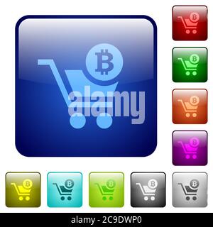 Kasse mit Bitcoin Warenkorb Symbole in abgerundeten quadratischen Farbe glänzend Button-Set Stock Vektor