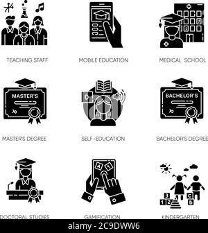 Moderne Bildung schwarze Glyphen Symbole auf weißem Raum gesetzt. E-Learning, professionelle Lehrer und Hochschulbildung Möglichkeiten. Erwerben von Wissen silho Stock Vektor