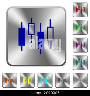 Candlestick Chart gravierte Symbole auf runden quadratischen glänzenden Stahlknöpfen Stock Vektor