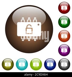 Weiße Symbole auf runden farbigen Glasschaltflächen mit freigeschaltetem Hardware-Symbol Stock Vektor