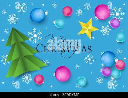 Vektor-Illustration Frohe Weihnachten Hintergrund. Draufsicht auf Weihnachtsdekorationen. Grußkarten mit Weihnachtskugeln und Baum Stock Vektor