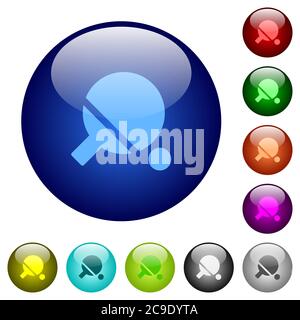 Tischtennis-Symbole auf runden farbigen Glasknöpfen Stock Vektor