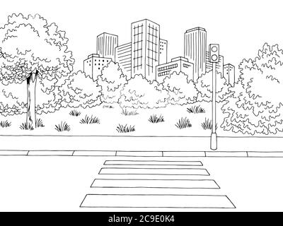 Crosswalk Straße Straße Grafik schwarz weiß Stadt Landschaft Skizze Illustration Vektor Stock Vektor