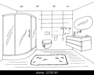 Badezimmer Grafik Heim Interieur schwarz weiß Skizze Illustration Vektor Stock Vektor