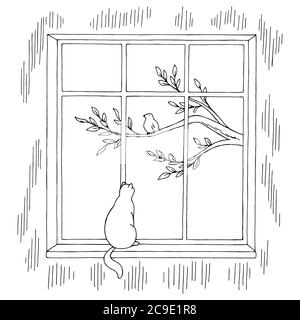 Katze sitzt auf der Fensterbank und Blick auf einen Vogel auf einem Zweig Grafik schwarz weiß Skizze Illustration Vektor Stock Vektor