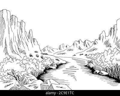 Canyon Fluss Grafik schwarz weiß Wüste Berglandschaft Skizze Illustration Vektor Stock Vektor