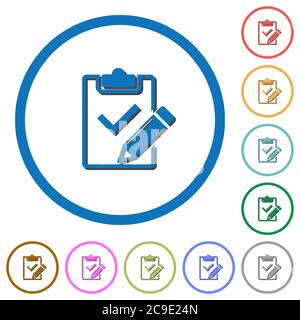 Füllen Sie die Checkliste flache Farbvektorsymbole mit Schatten in runden Umrissen auf weißem Hintergrund aus Stock Vektor