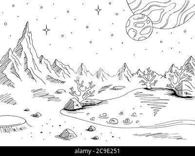 Alien Planet Grafik schwarz weiß Raum Landschaft Skizze Illustration Vektor Stock Vektor