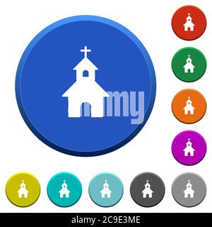 Abgerundete, runde, abgeschrägte Knöpfe mit glatten Oberflächen und flachen weißen Symbolen Stock Vektor