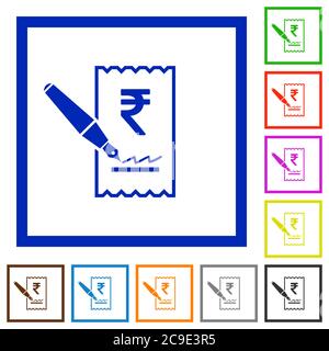 Signing Rupie Check flache Farbe Symbole in quadratischen Rahmen auf weißem Hintergrund Stock Vektor