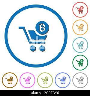 Kasse mit Bitcoin Warenkorb flache Farbe Vektor-Symbole mit Schatten in runden Umrissen auf weißem Hintergrund Stock Vektor