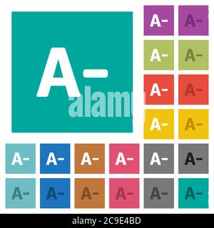 Verkleinern Sie die Schriftgröße mehrfarbige flache Symbole auf einfachen quadratischen Hintergründen. Weiße und dunklere Symbolvarianten für schwebe- oder aktive Effekte. Stock Vektor