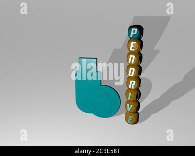 3D-Darstellung von Pendrive mit Symbol an der Wand und Text angeordnet durch metallische kubische Buchstaben auf einem Spiegelboden für Konzept Bedeutung und Diashow-Präsentation Stockfoto