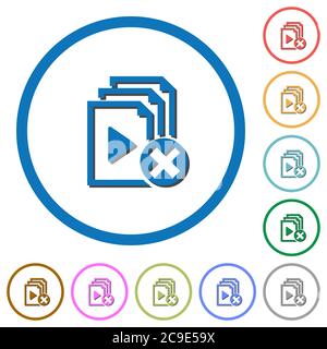 Abbrechen Playlist flache Farbvektorsymbole mit Schatten in runden Umrissen auf weißem Hintergrund Stock Vektor